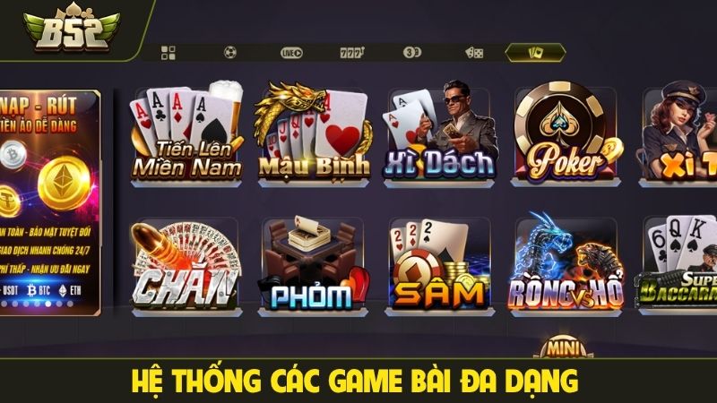 Hệ thống các game bài đa dạng